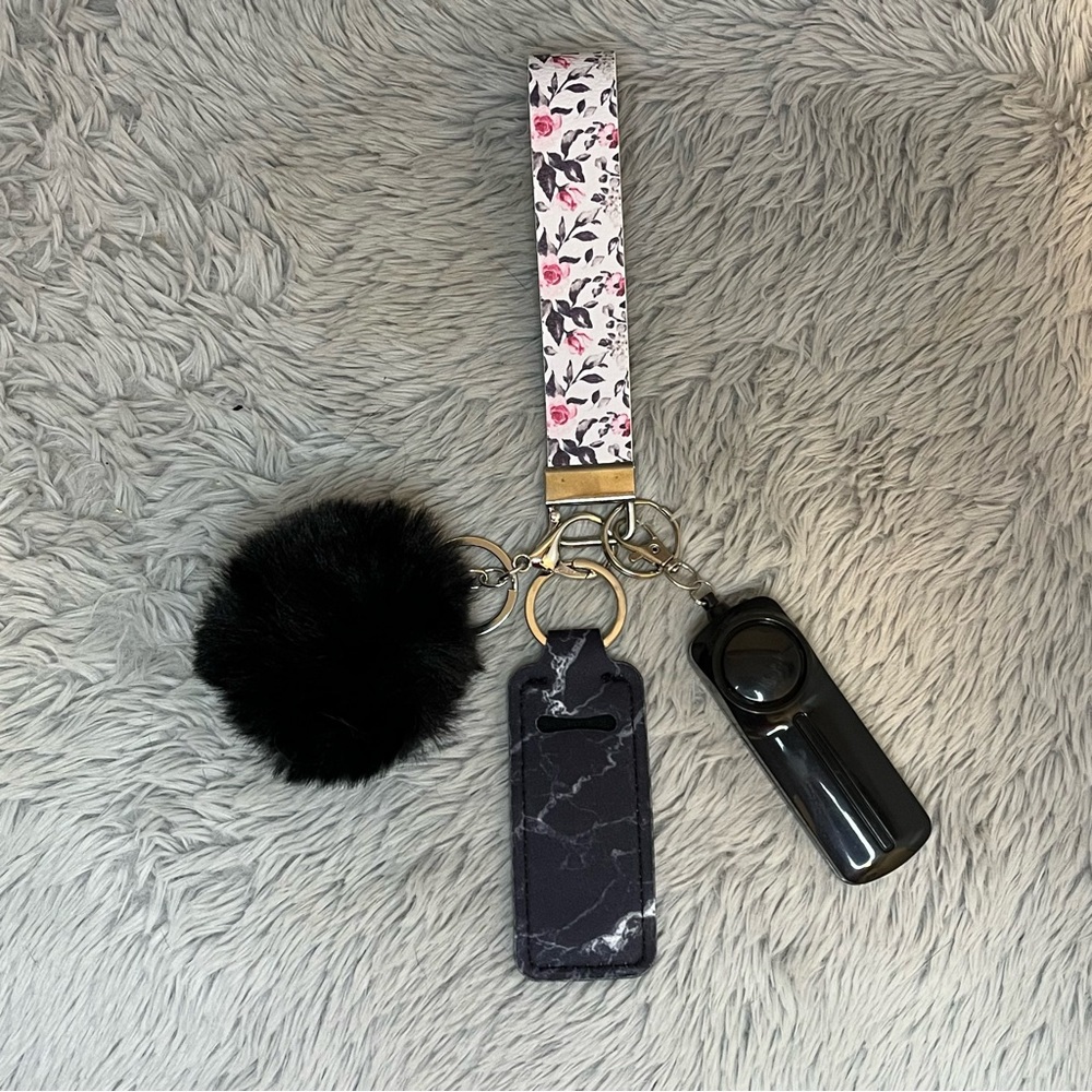 Black Floral Handmade Wristlet Keychain with Black Pom Pom